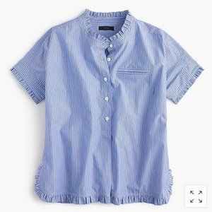 J.Crew Blue/White Striped Popover with Ruffle Trim Blouse